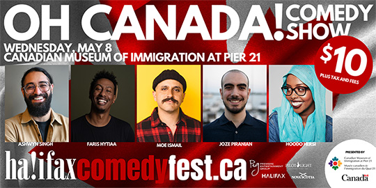 Event information on a Canadian flag background with portraits of five comedians of various skin tones.