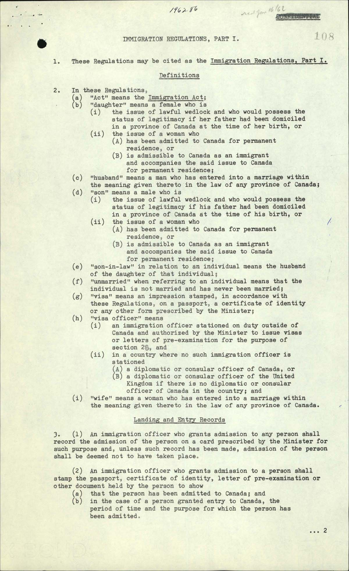 Immigration Regulations, Order-in-Council PC 1962-86, 1962
