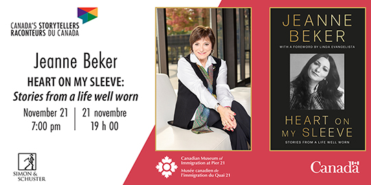 Event information beside a portrait of Jeanne Beker sitting on a couch and smiling, and the front cover of her book.