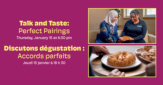 Event information beside a photograph of a female Palestinian chef and a female African Nova Scotian chef holding a dish of Lobster Dip with Ka’ak Al-Quds together and a photograph of a close-up of the dish.