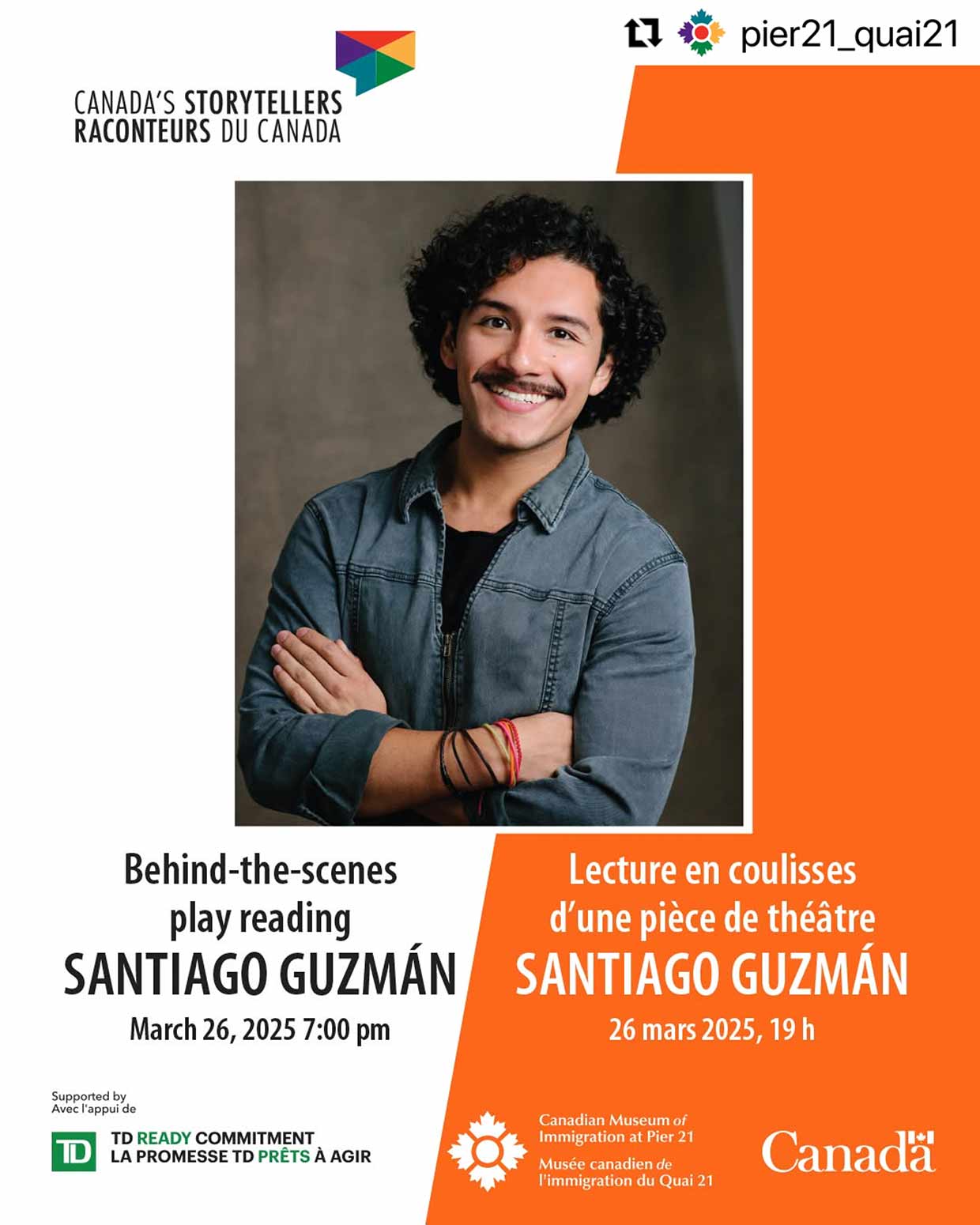 A poster advertising a play reading by Santiago Guzmán.
