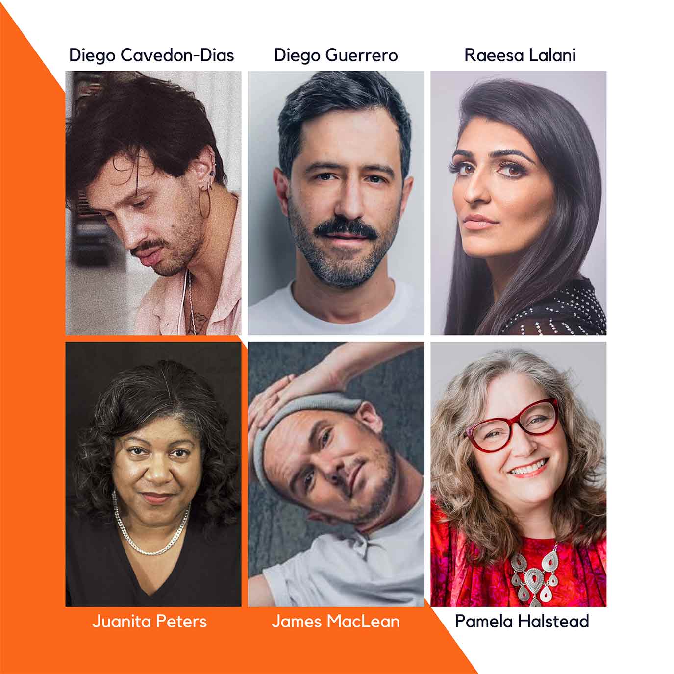Cast poster featuring portraits of Diego Guerrero, Diego Cavedon Dias, Raeesa Lalani, Juanita Peters, James MacLean and dramaturg Pamela Halstead.