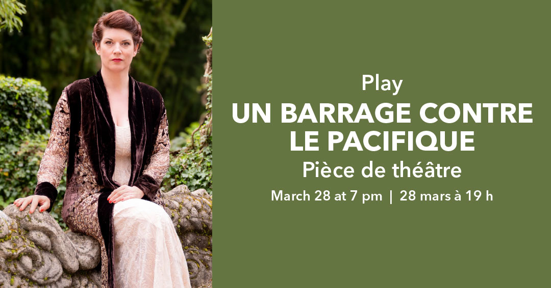 Event information beside a photograph of a red-haired woman in a robe sitting on a retaining wall looking directly at the camera.