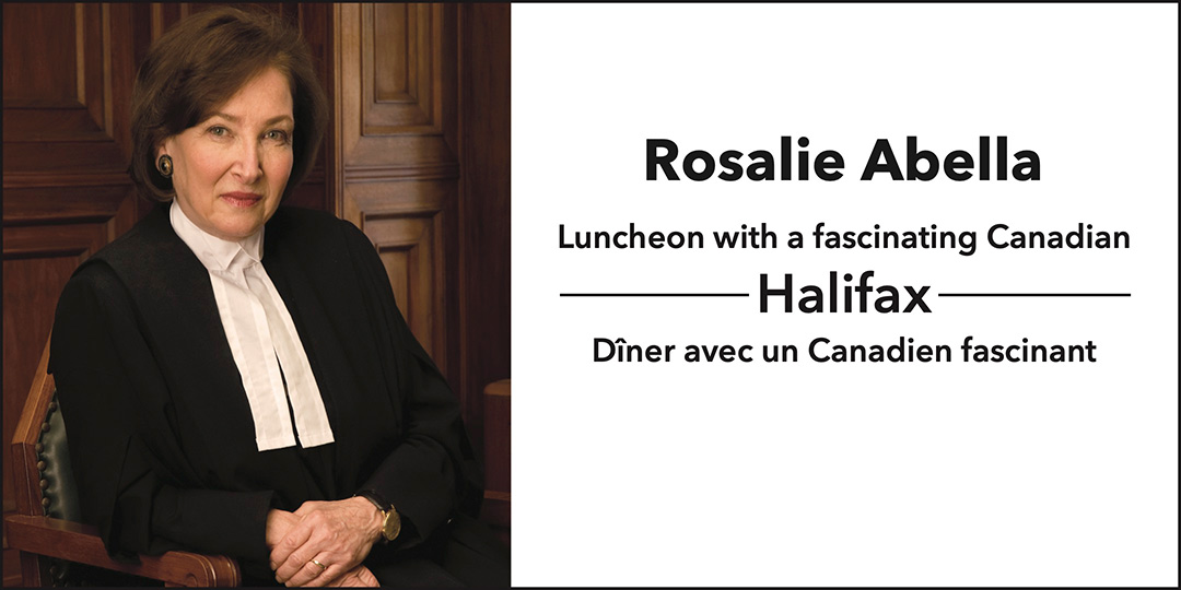 Event information beside a portrait of Rosalie Silberman Abella wearing a black judicial robe with white collar tabs, seated in a wooden chair.
