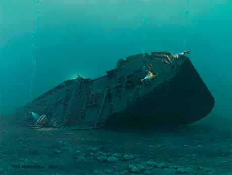 Painting of a sunken ship, the water is very murky.