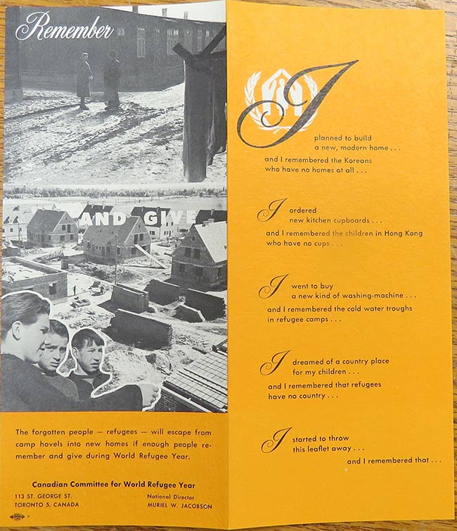 A yellow pamphlet with text and poetry encouraging donations, and two black and white photos of people and refugee camps.