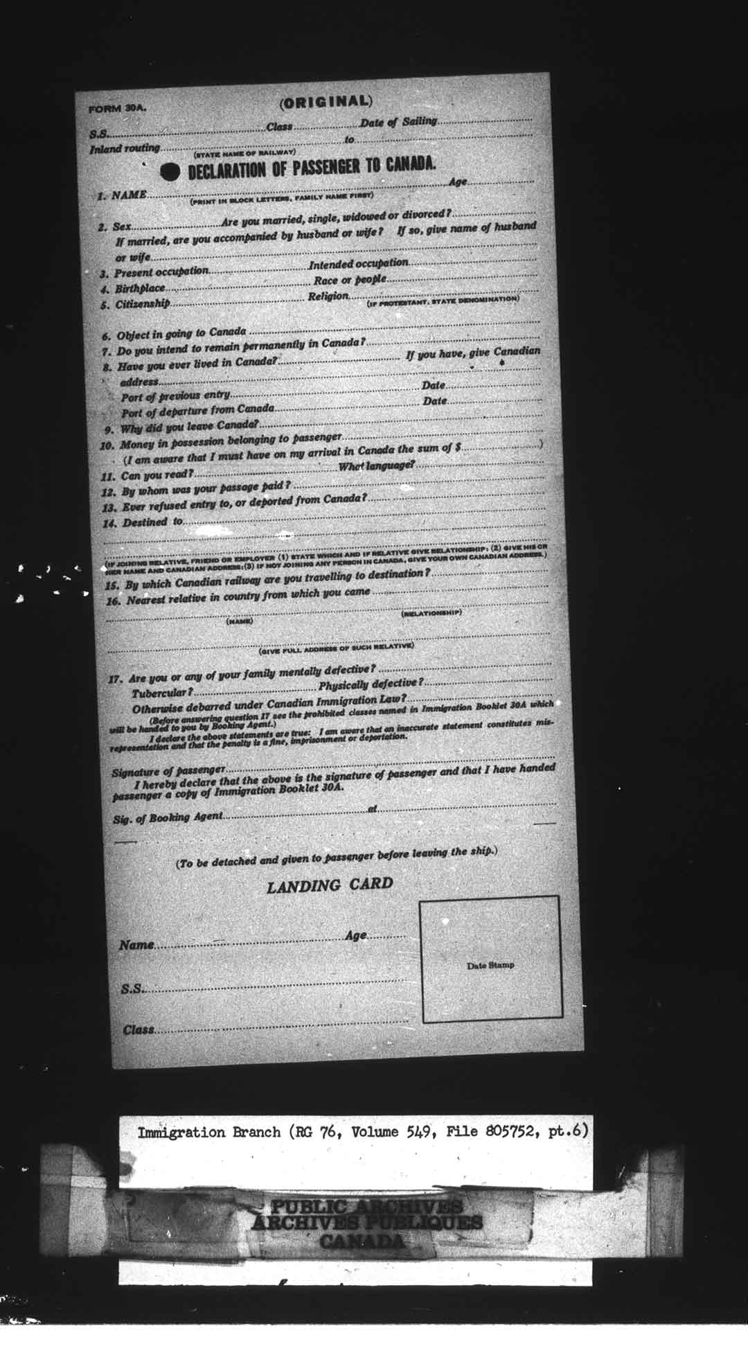 Declaration of Passenger to Canada form, questions include name, age, occupation, can you read, and what language.