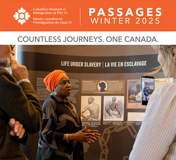 Cover of Winter Passages with an orange banner and image of Afua Cooper speaking in front of an exhibition panel about slavery.