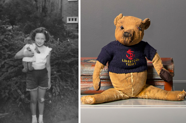 On the left, a black and white image of a young Pat Marshall holding her Teddy bear in a garden. On the right, a photo of the same teddy bear on display in a glass case, wearing a blue shirt Embroidered with an anchor and the words Liverpool Teddy.