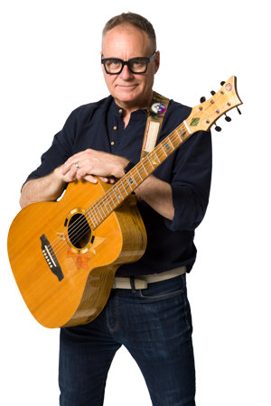 Jowi, a middle-aged white man, holds the Voyageur guitar.