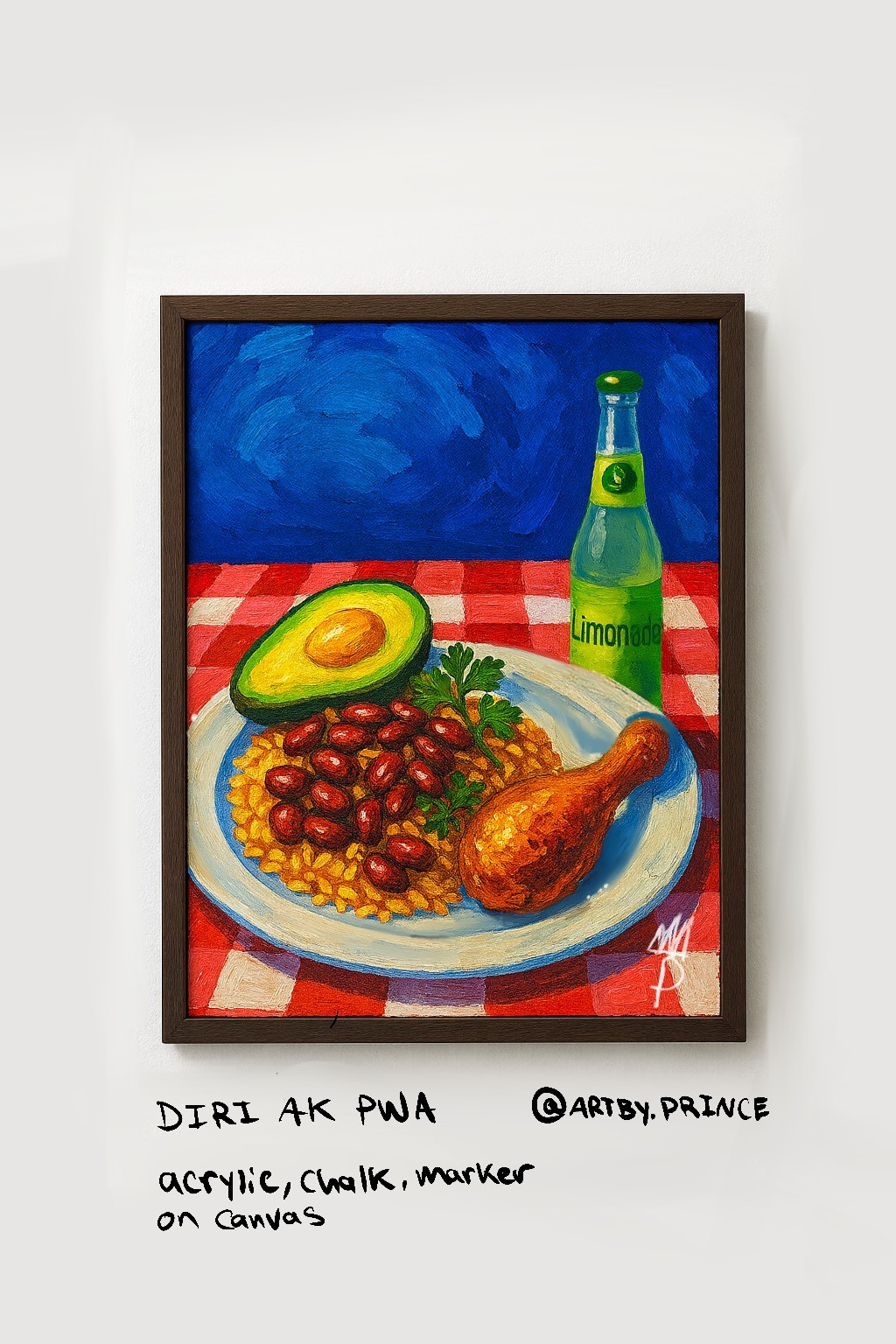 An artist's painting of a plate of rice and beans, with half an avocado, and a chicken drumstick.