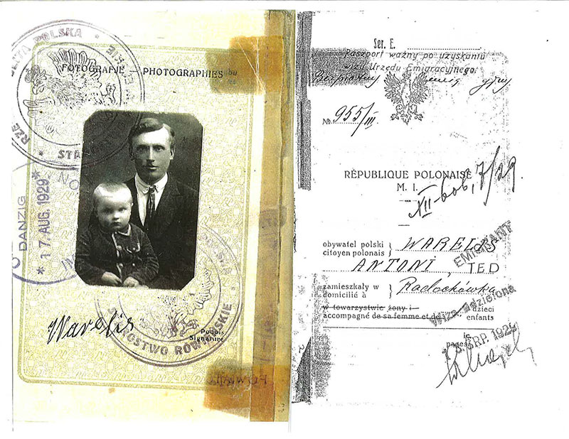 Two pages of old document, on the left page a young man with a child and three stamps and signature. Right side details of user and stamp, serial number and signature.