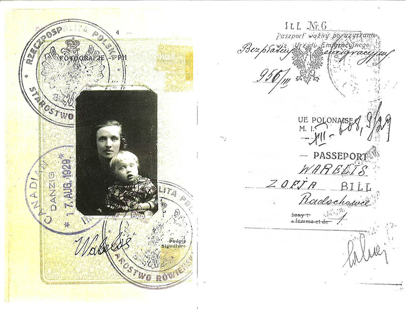 Two pages of old document, on the left page a young woman with a child and three stamps and signature. Right side details of user and stamp, serial number and signature.