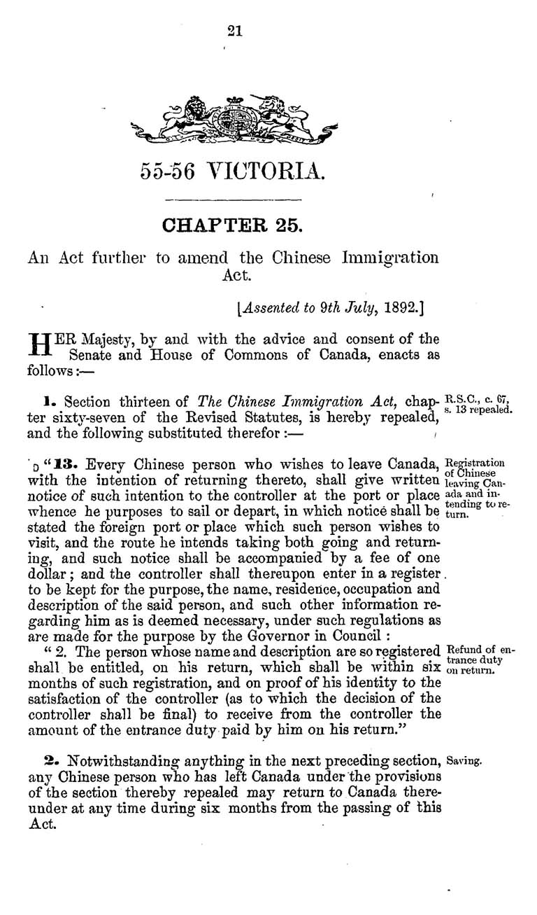 Page 21 Chapter 25 The Chinese Immigration Act, 1885 Amendment 1892