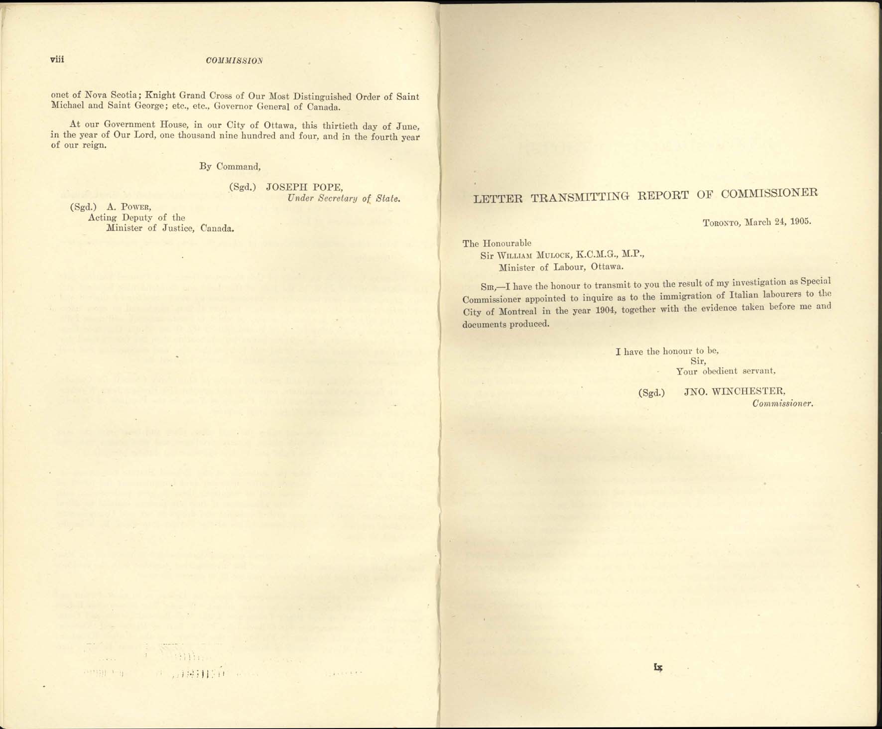 page viii, ix Royal Commission on Italian Immigration, 1904-1905
