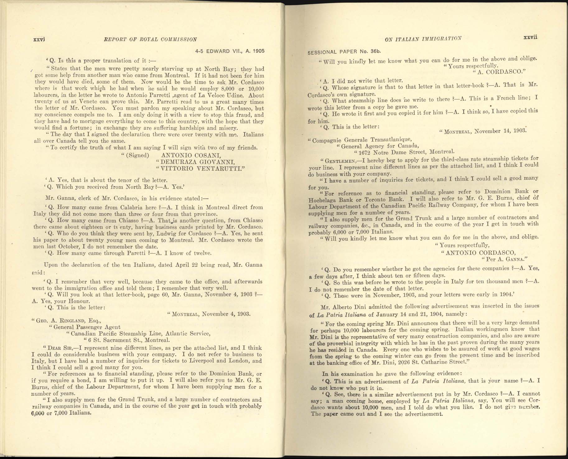 page xxvi, xxvii Royal Commission on Italian Immigration, 1904-1905