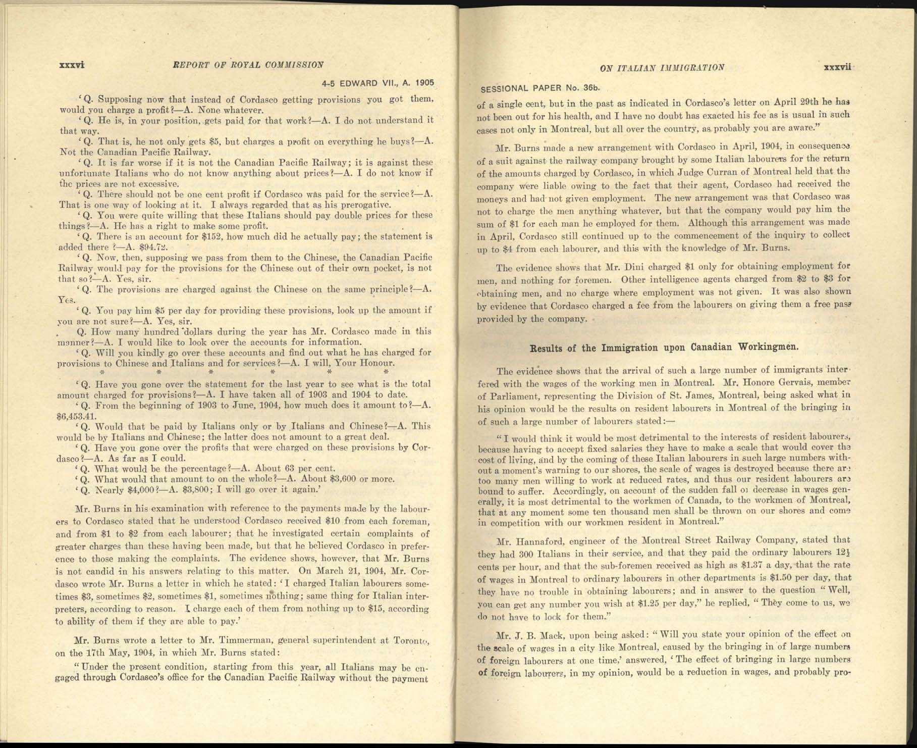 page xxxvi, xxxvii Royal Commission on Italian Immigration, 1904-1905