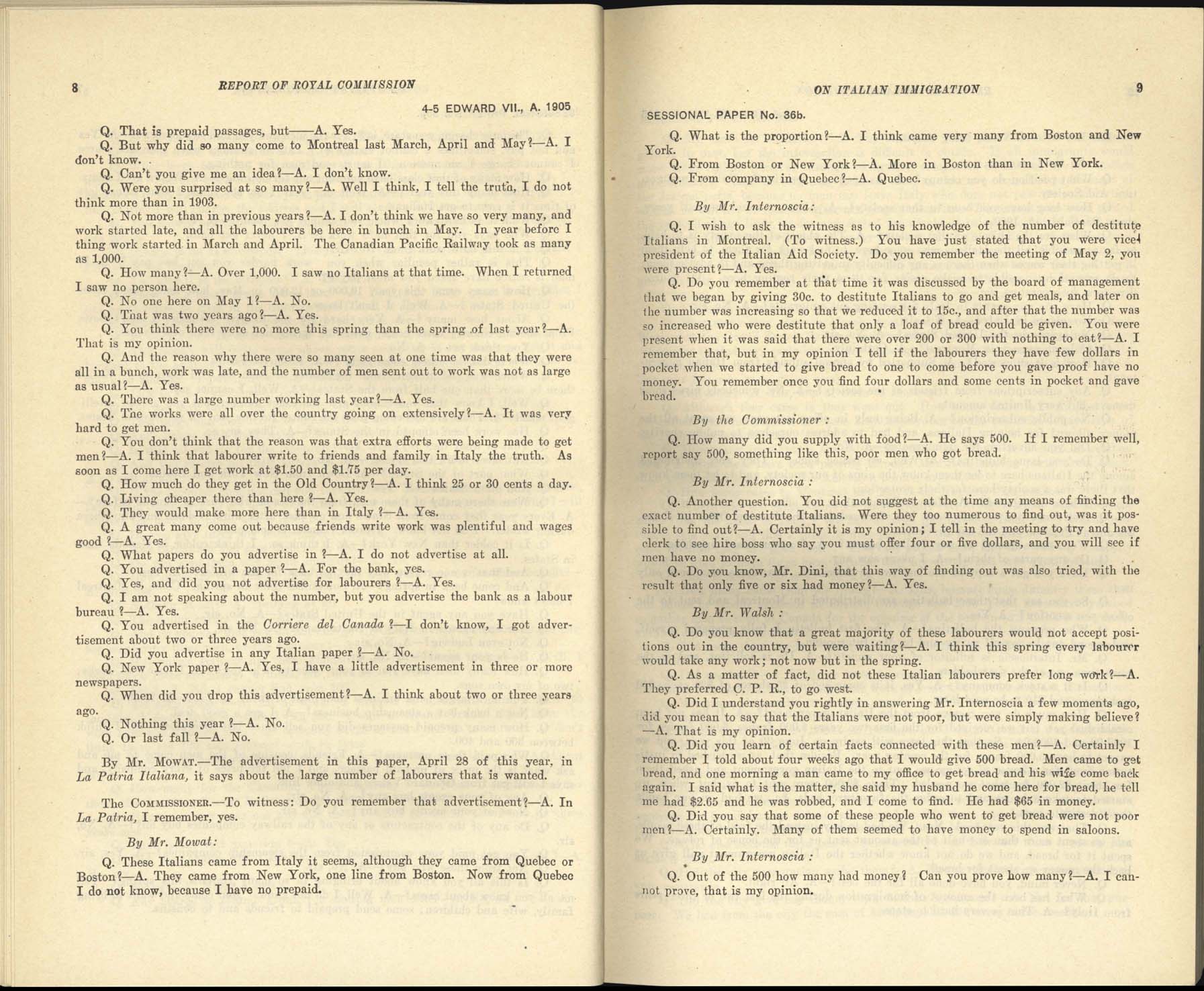 Page 8, 9 Royal Commission on Italian Immigration, 1904-1905