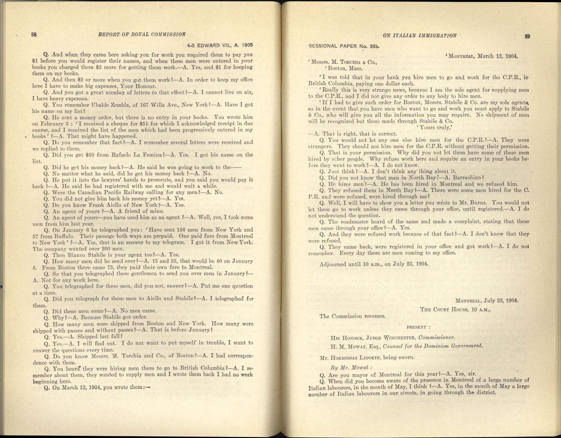 Page 88, 89 Royal Commission on Italian Immigration, 1904-1905
