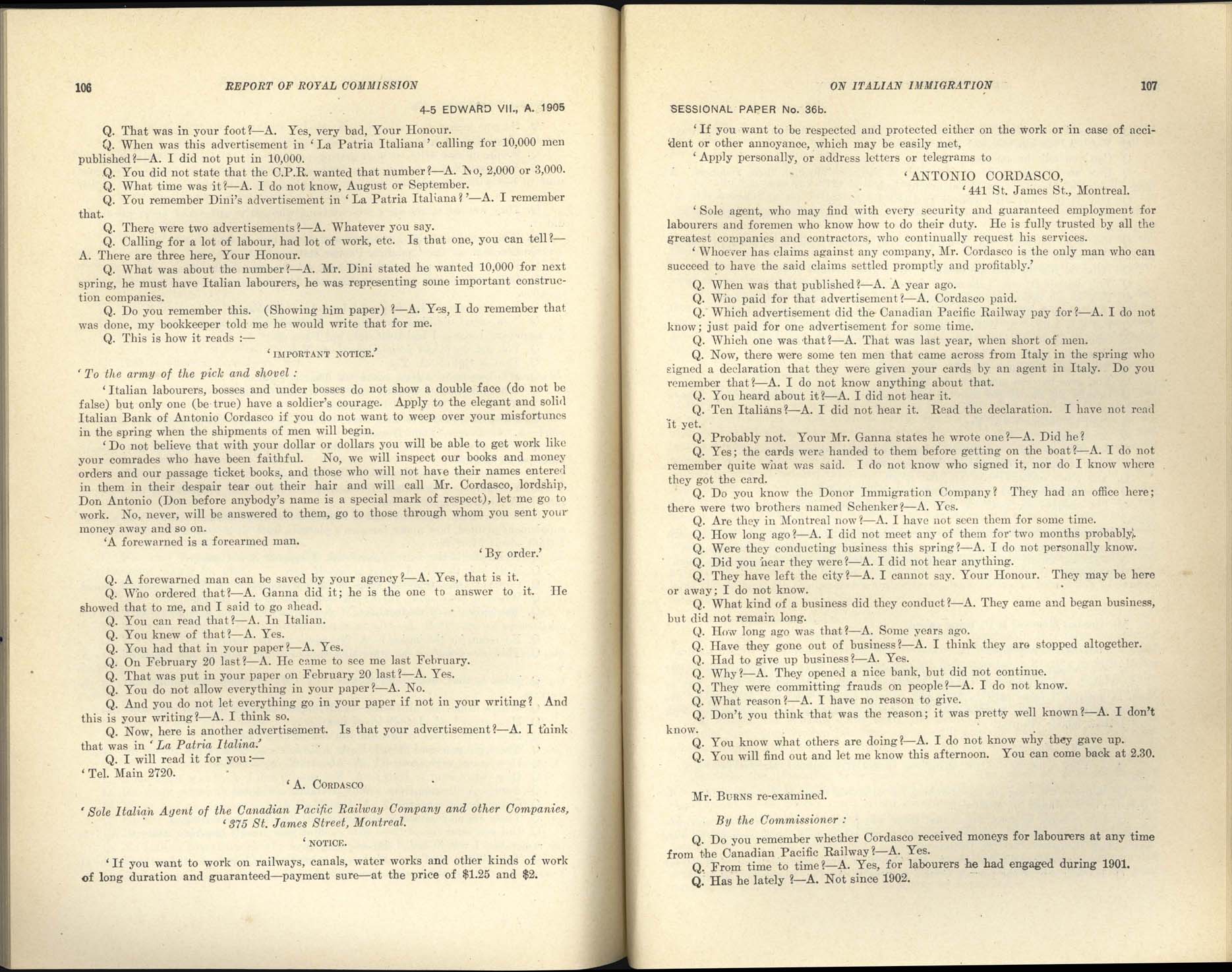 Page 106, 107 Royal Commission on Italian Immigration, 1904-1905