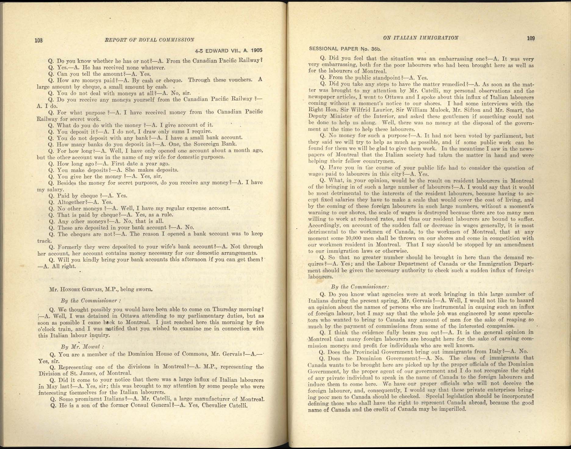 Page 108, 109 Royal Commission on Italian Immigration, 1904-1905
