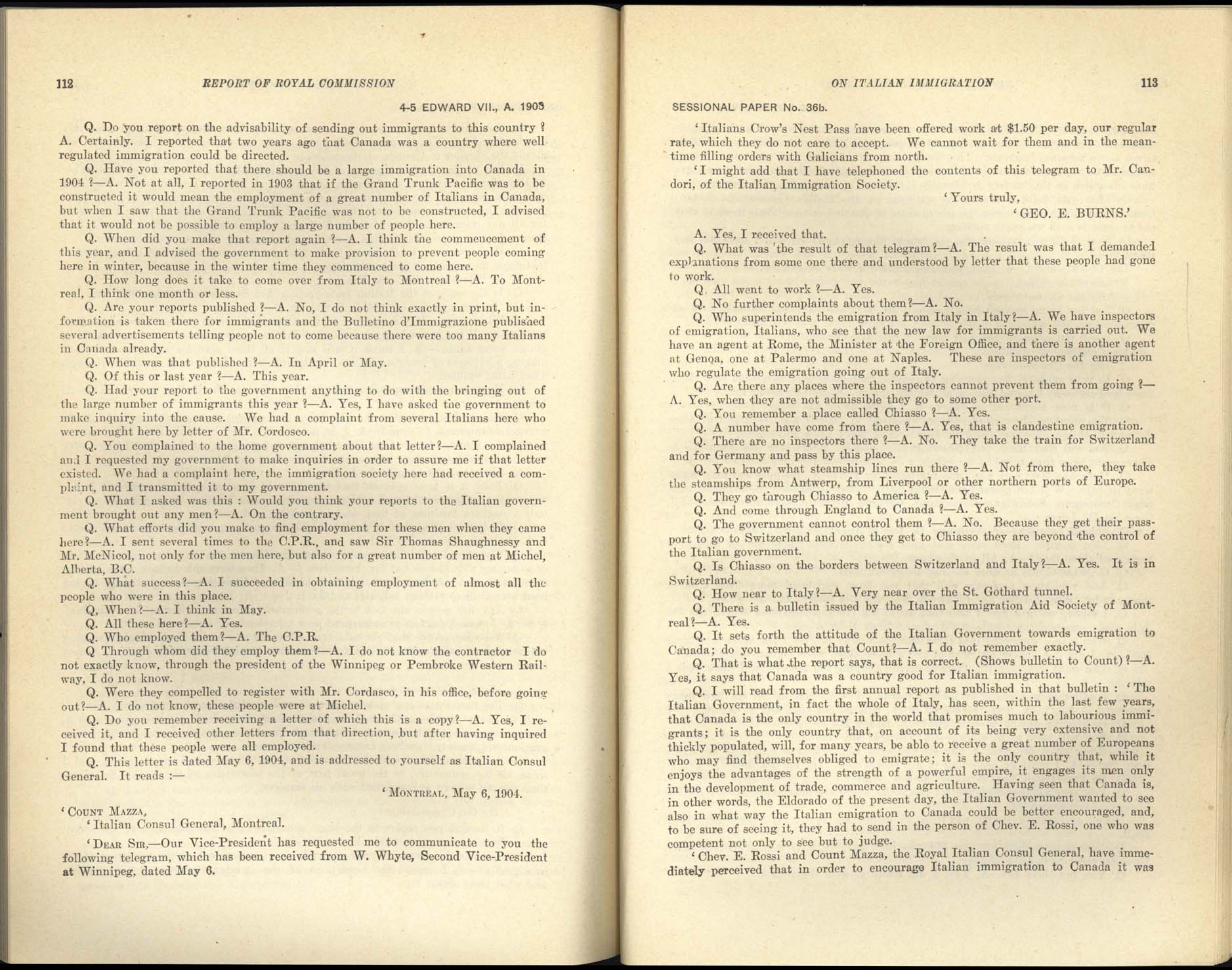 Page 112, 113 Royal Commission on Italian Immigration, 1904-1905