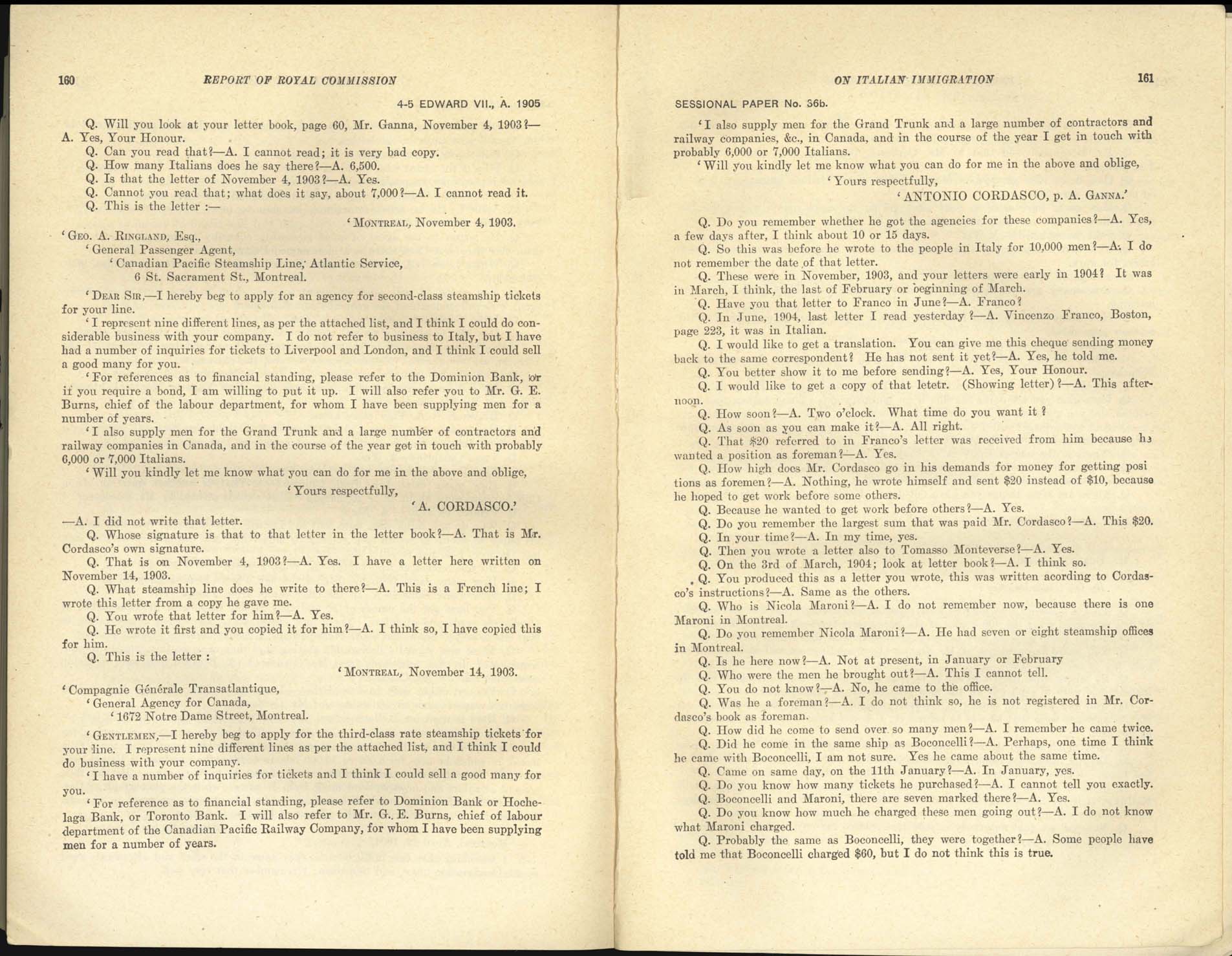 Page 160, 161 Royal Commission on Italian Immigration, 1904-1905