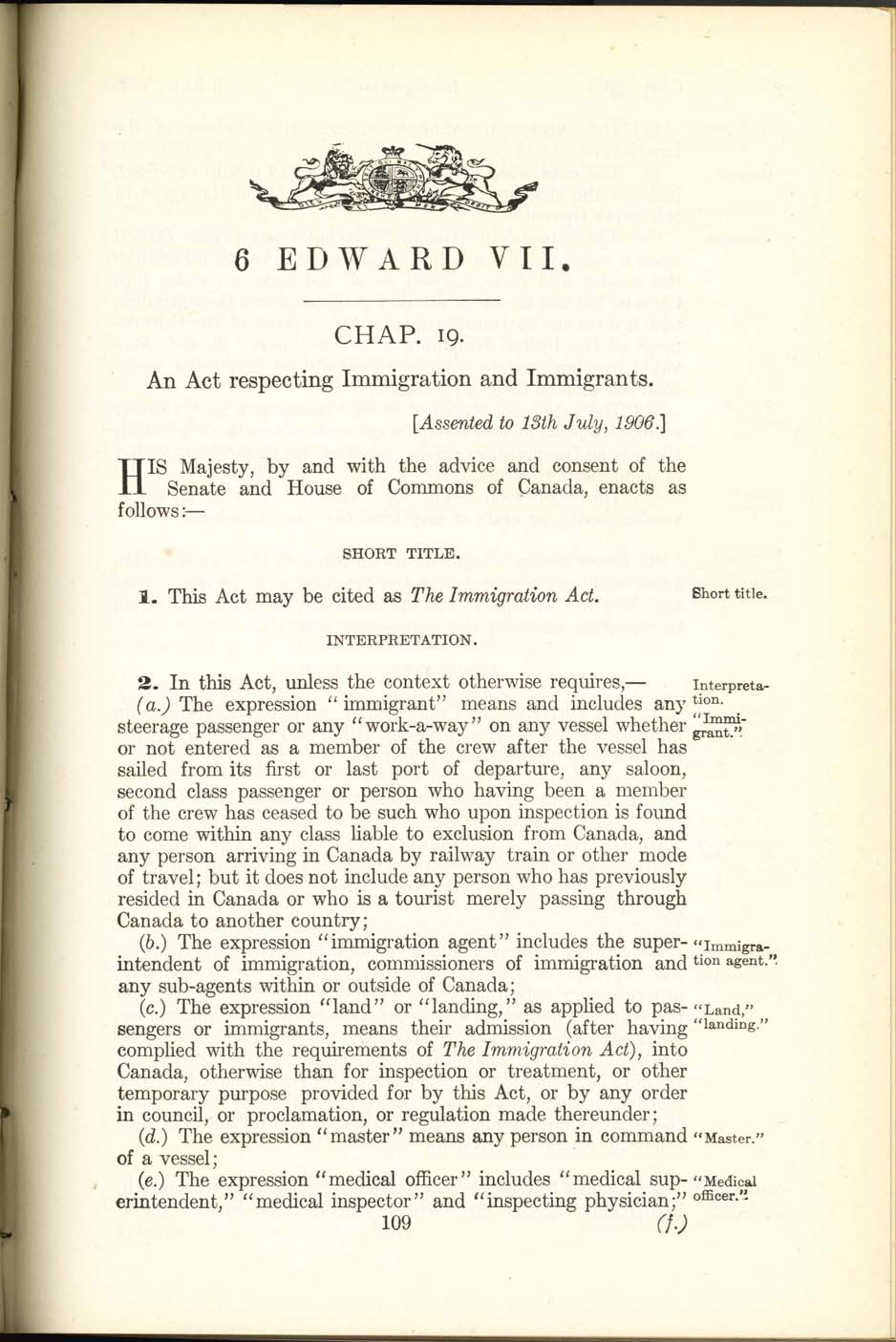 Chap. 19 Page 109 Immigration Act, 1906