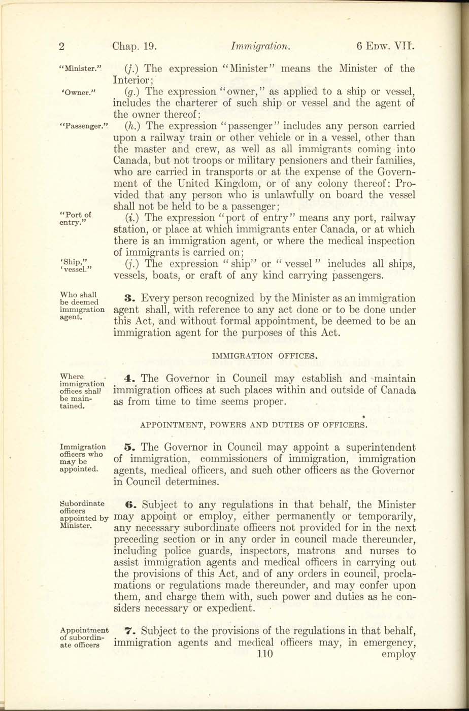 Chap. 19 Page 110 Immigration Act, 1906