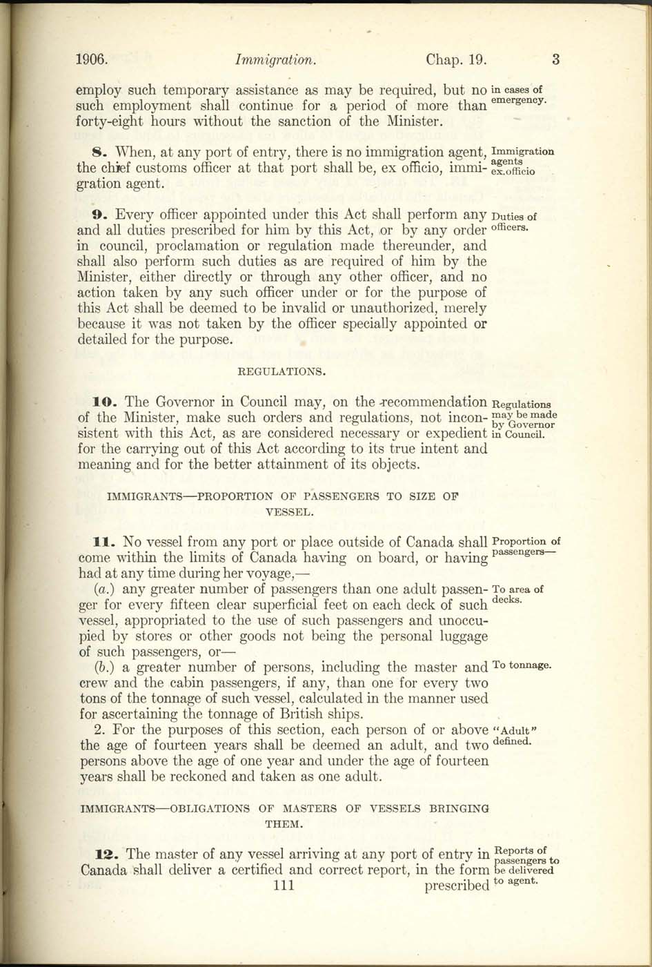 Chap. 19 Page 111 Immigration Act, 1906