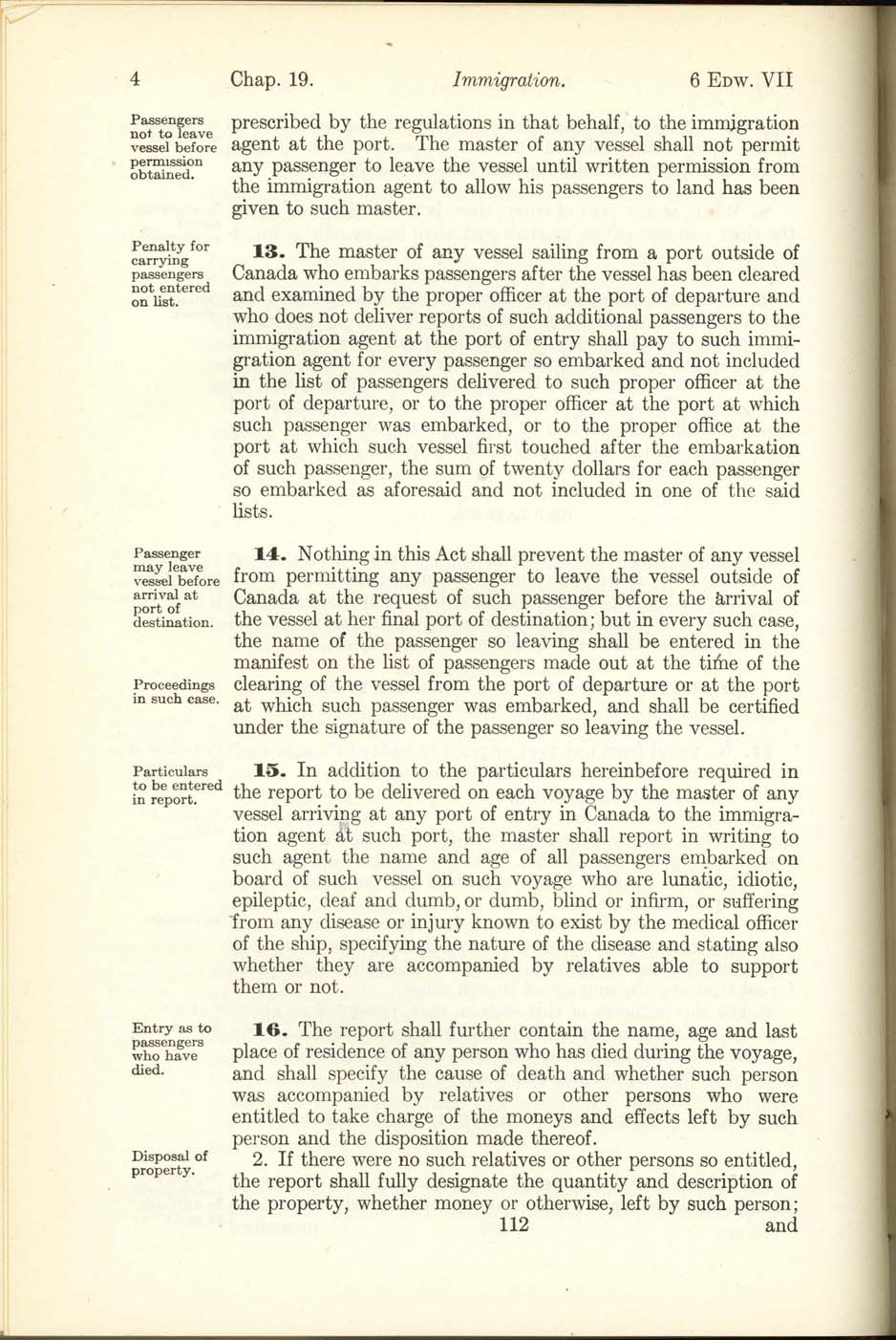Chap. 19 Page 112 Immigration Act, 1906
