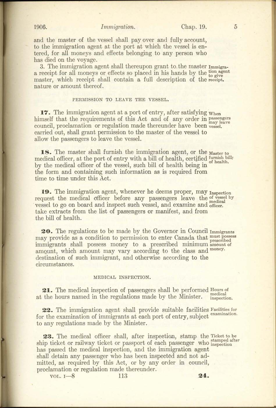 Chap. 19 Page 113 Immigration Act, 1906