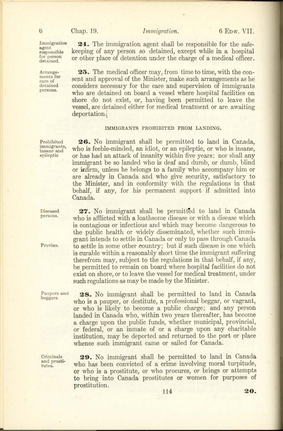 Chap. 19 Page 114 Immigration Act, 1906