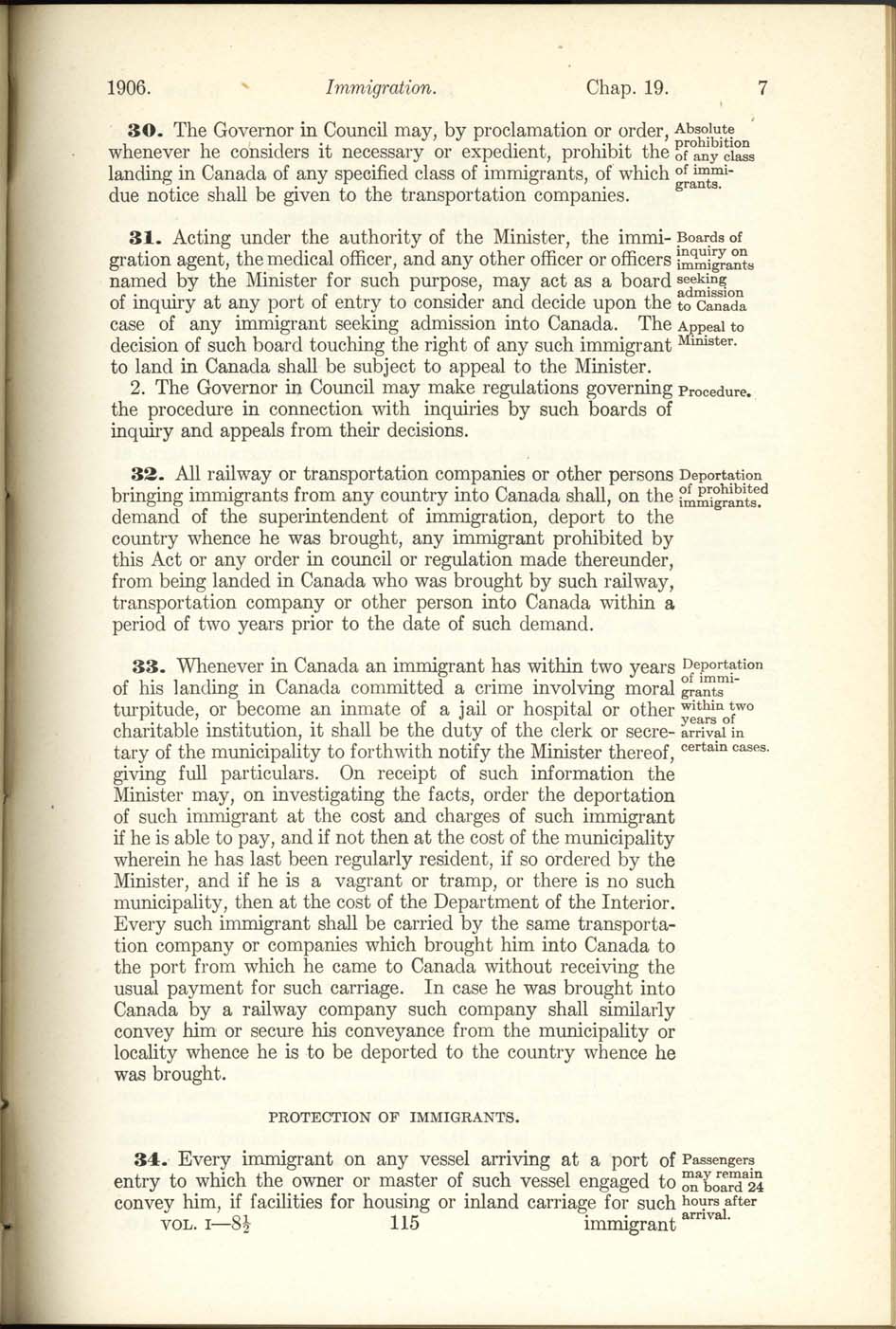 Chap. 19 Page 115 Immigration Act, 1906
