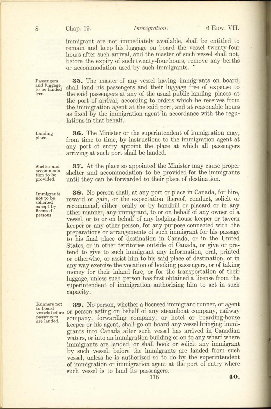 Chap. 19 Page 116 Immigration Act, 1906