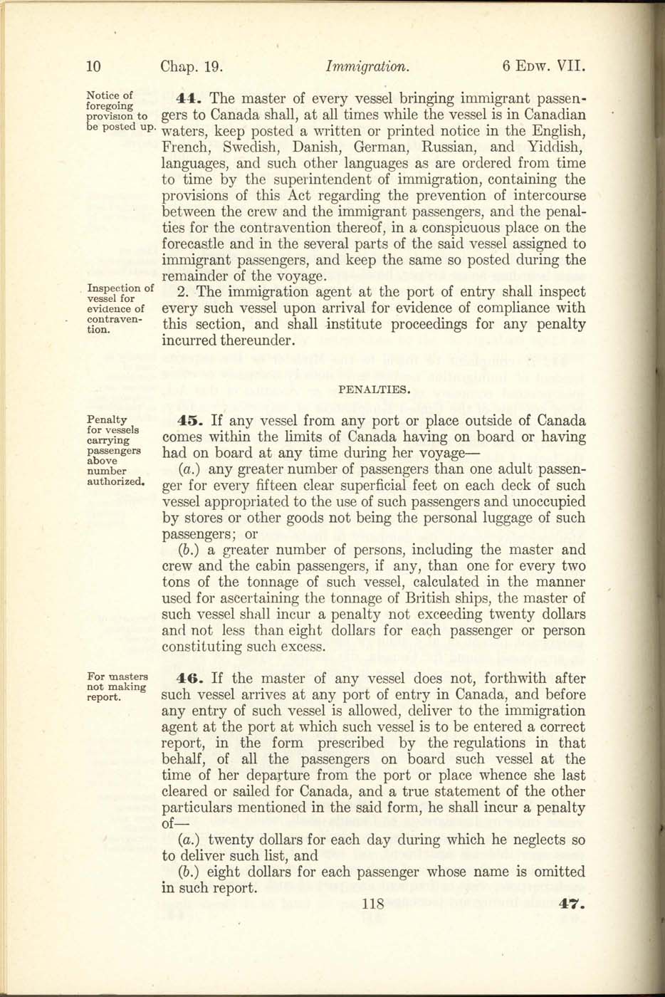 Chap. 19 Page 118 Immigration Act, 1906
