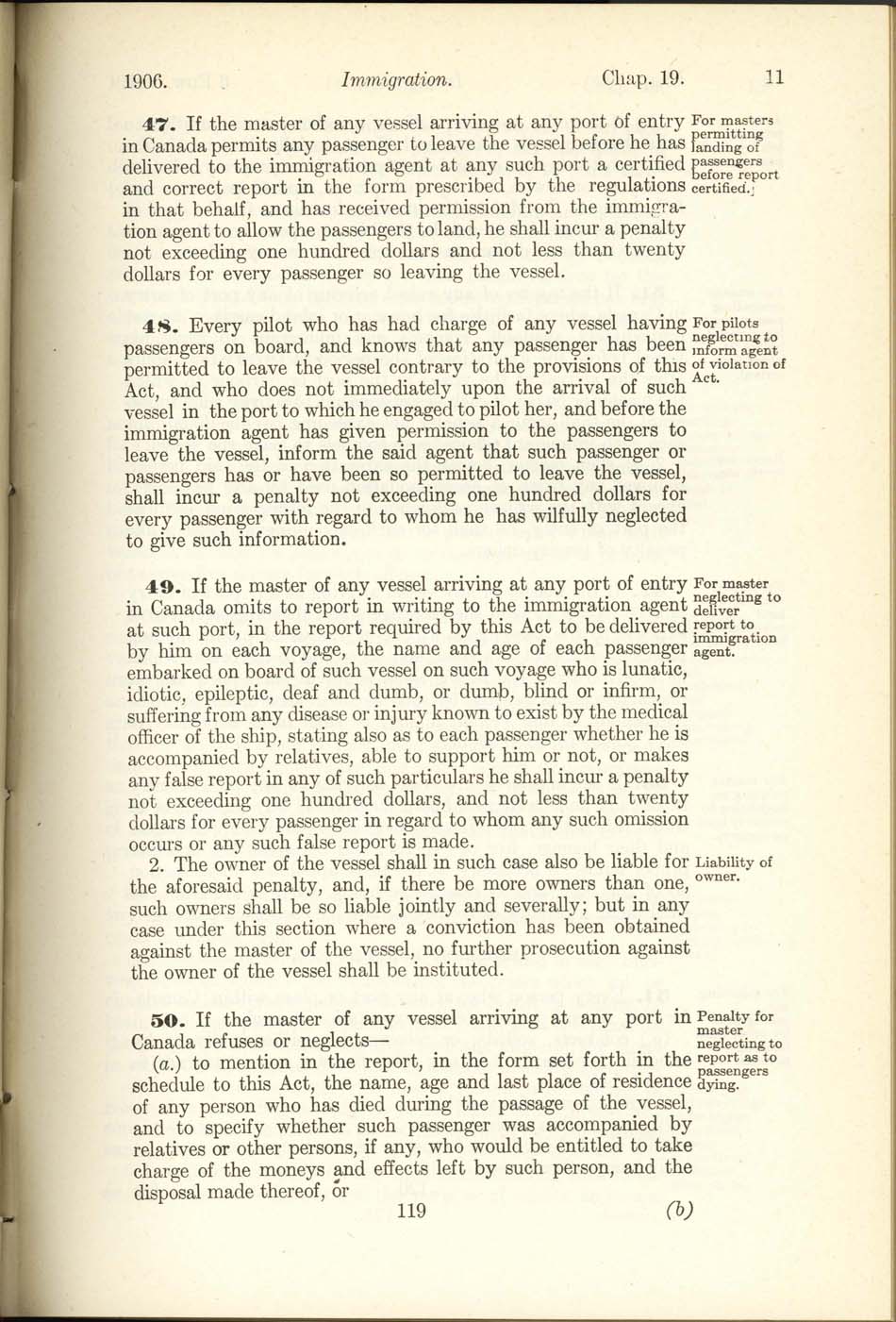 Chap. 19 Page 119 Immigration Act, 1906