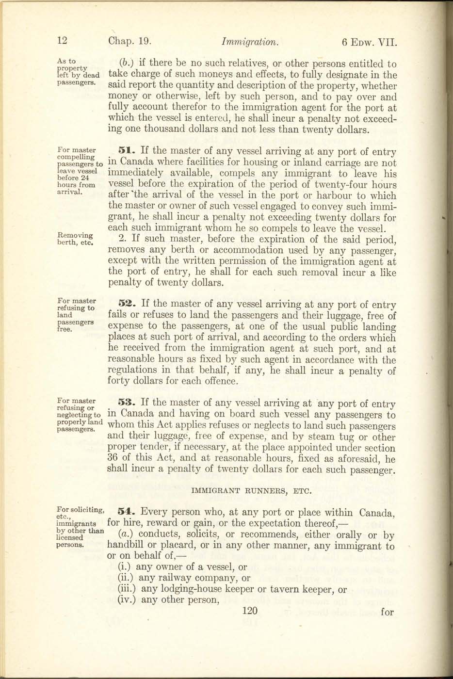Chap. 19 Page 120 Immigration Act, 1906