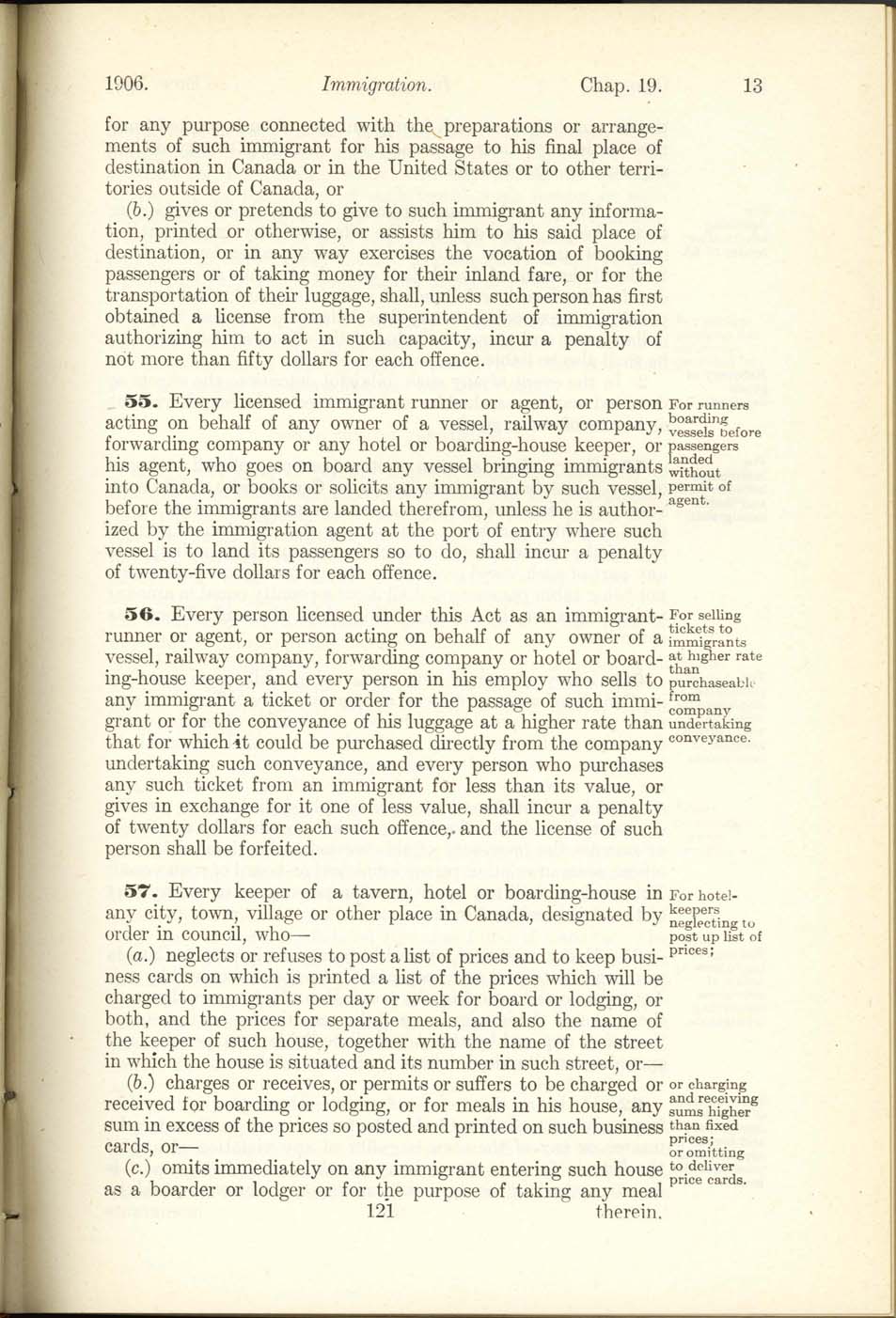 Chap. 19 Page 121 Immigration Act, 1906