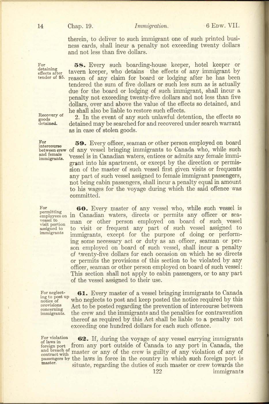 Chap. 19 Page 122 Immigration Act, 1906