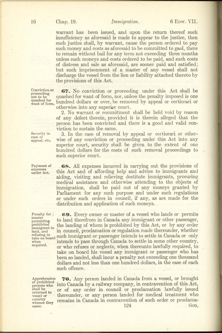 Chap. 19 Page 124 Immigration Act, 1906