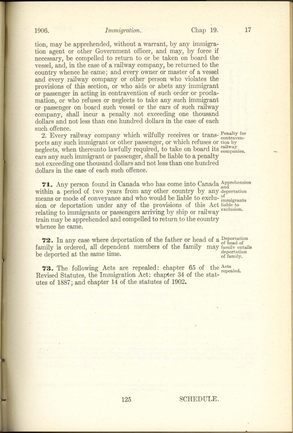Chap. 19 Page 125 Immigration Act, 1906