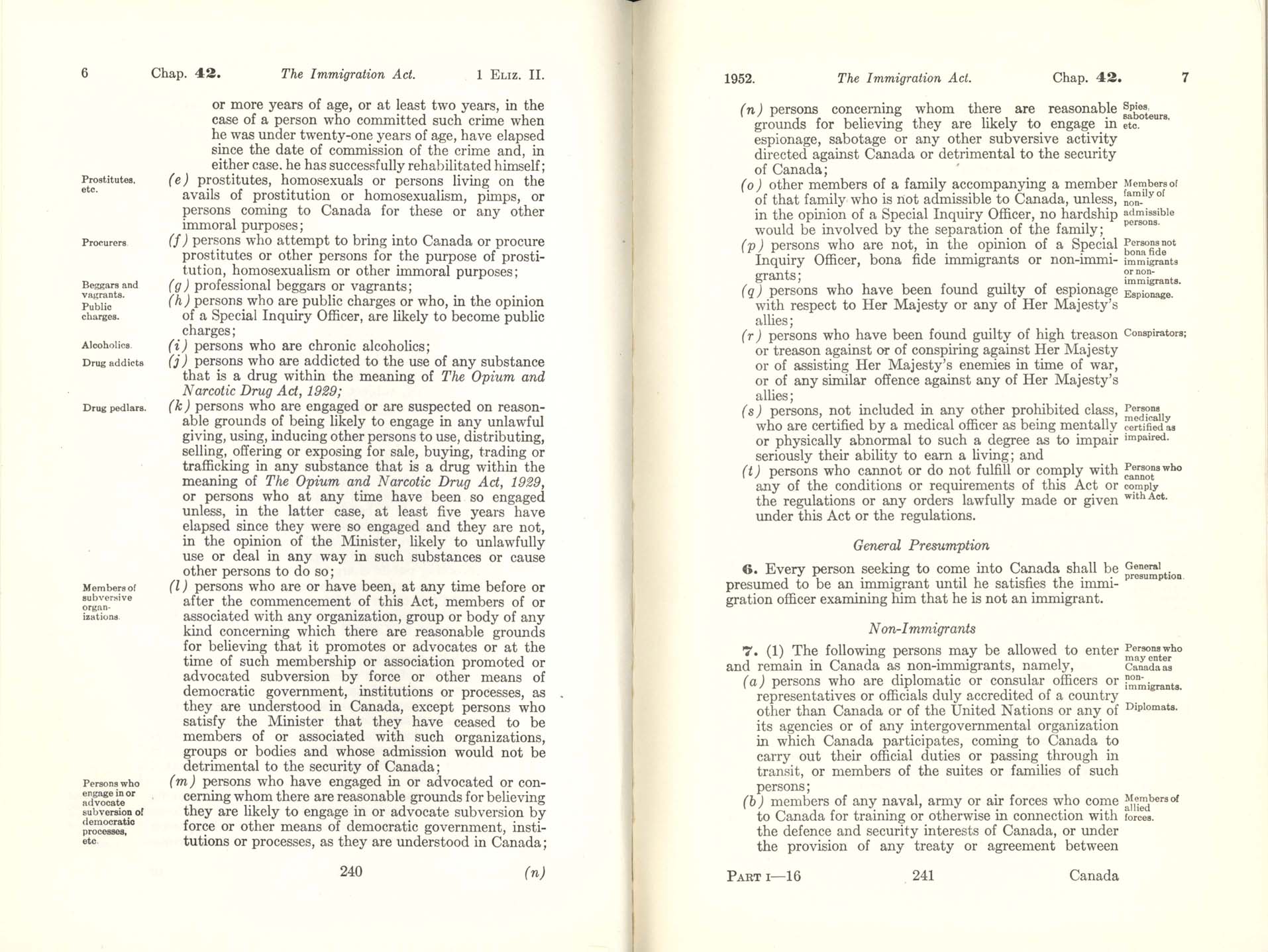 CHAP 42 Page 240, 241 Immigration Act, 1952