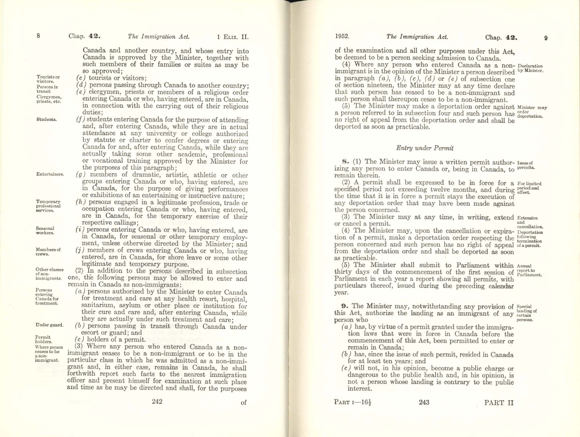 CHAP 42 Page 242, 243 Immigration Act, 1952