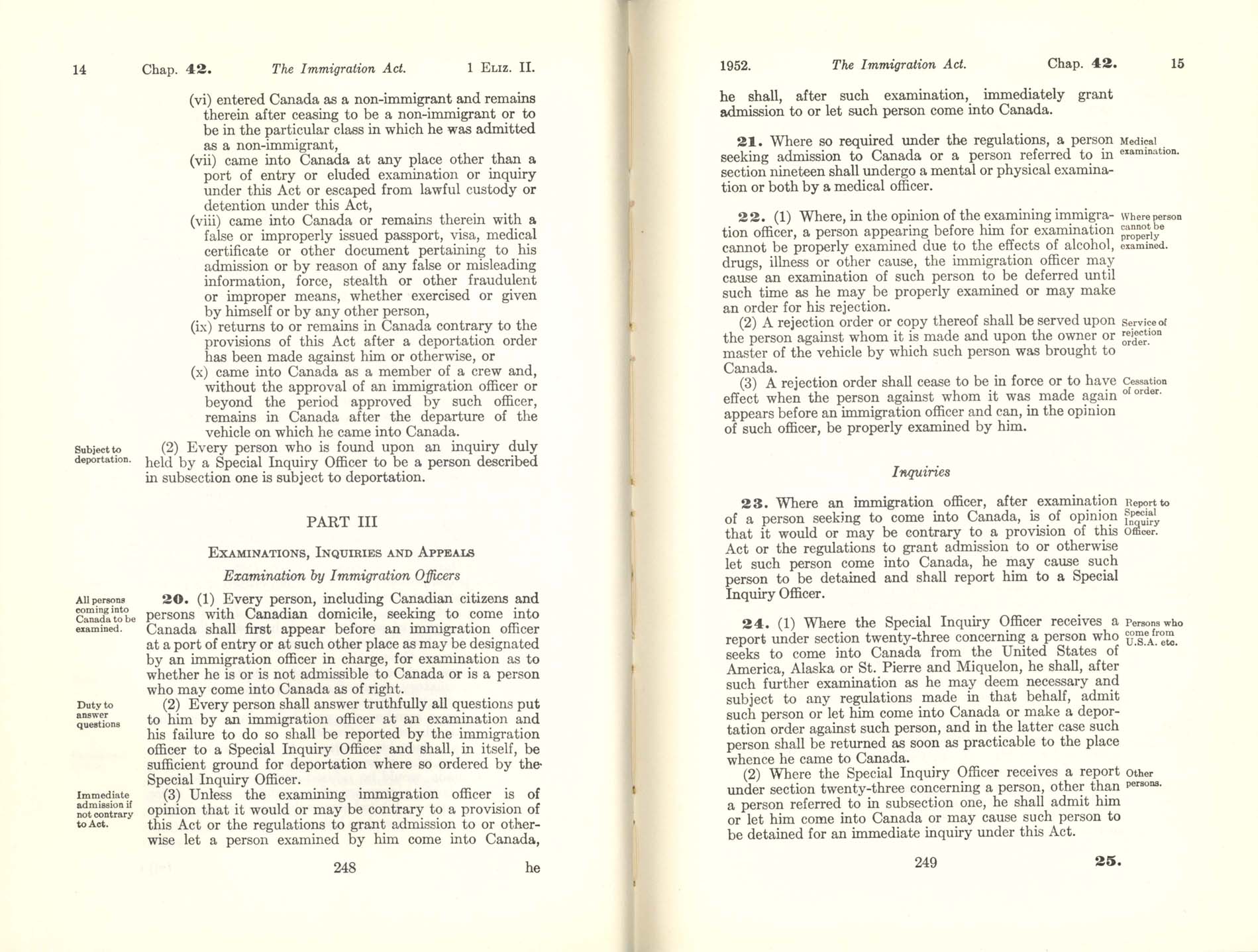 CHAP 42 Page 248, 249 Immigration Act, 1952