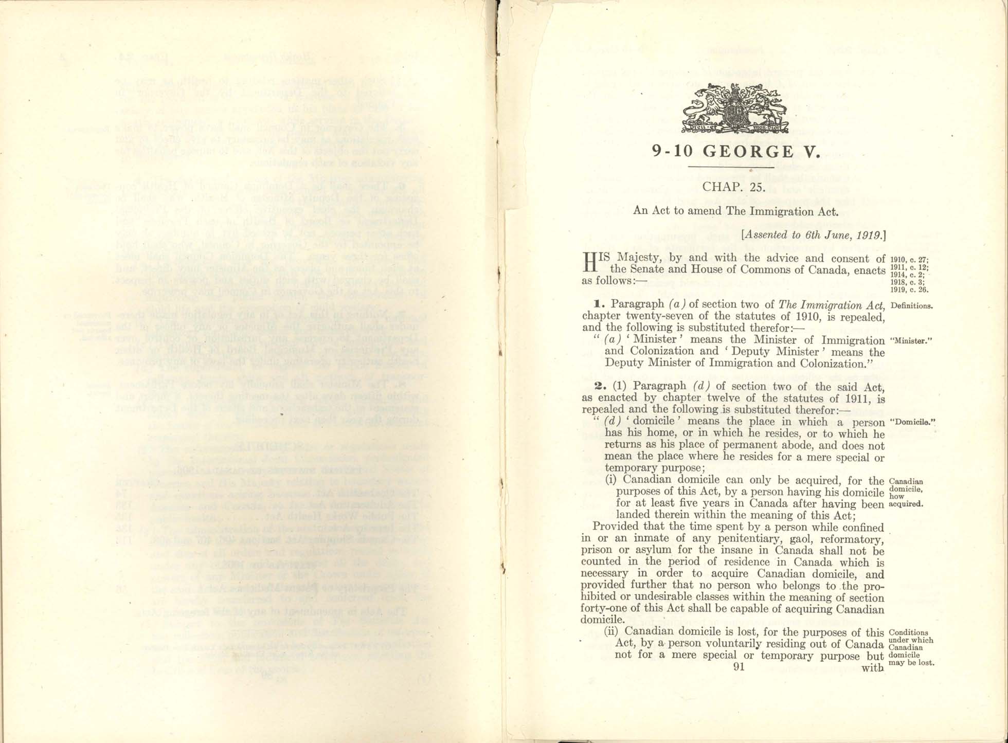 Chap. 25 Page 91 Immigration Act Amendment, 1919