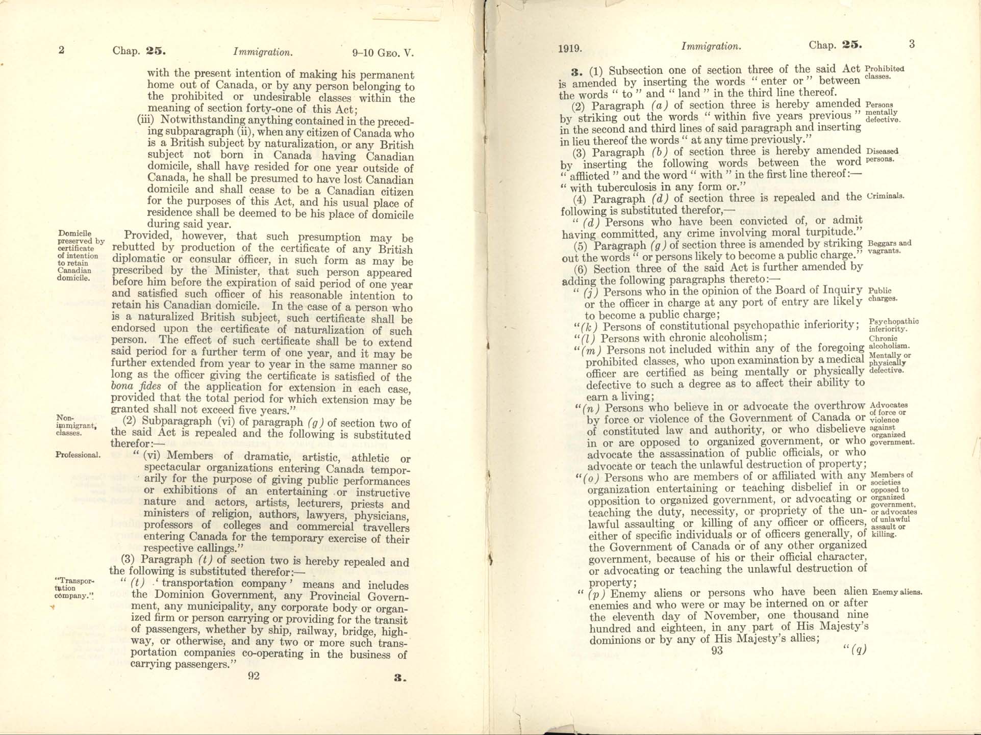 Page 92, 93 Immigration Act Amendment, 1919