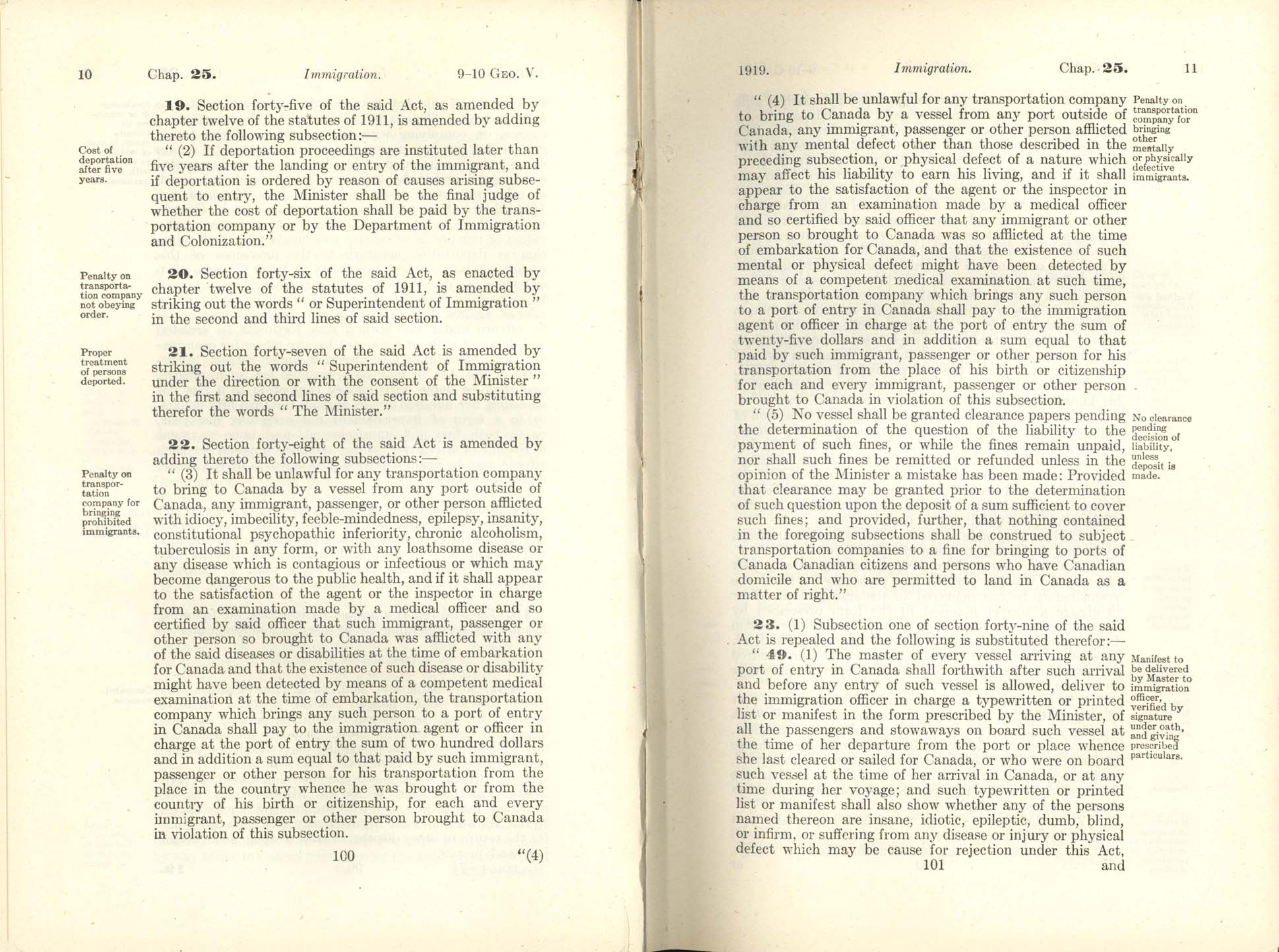 Page 100, 101 Immigration Act Amendment, 1919