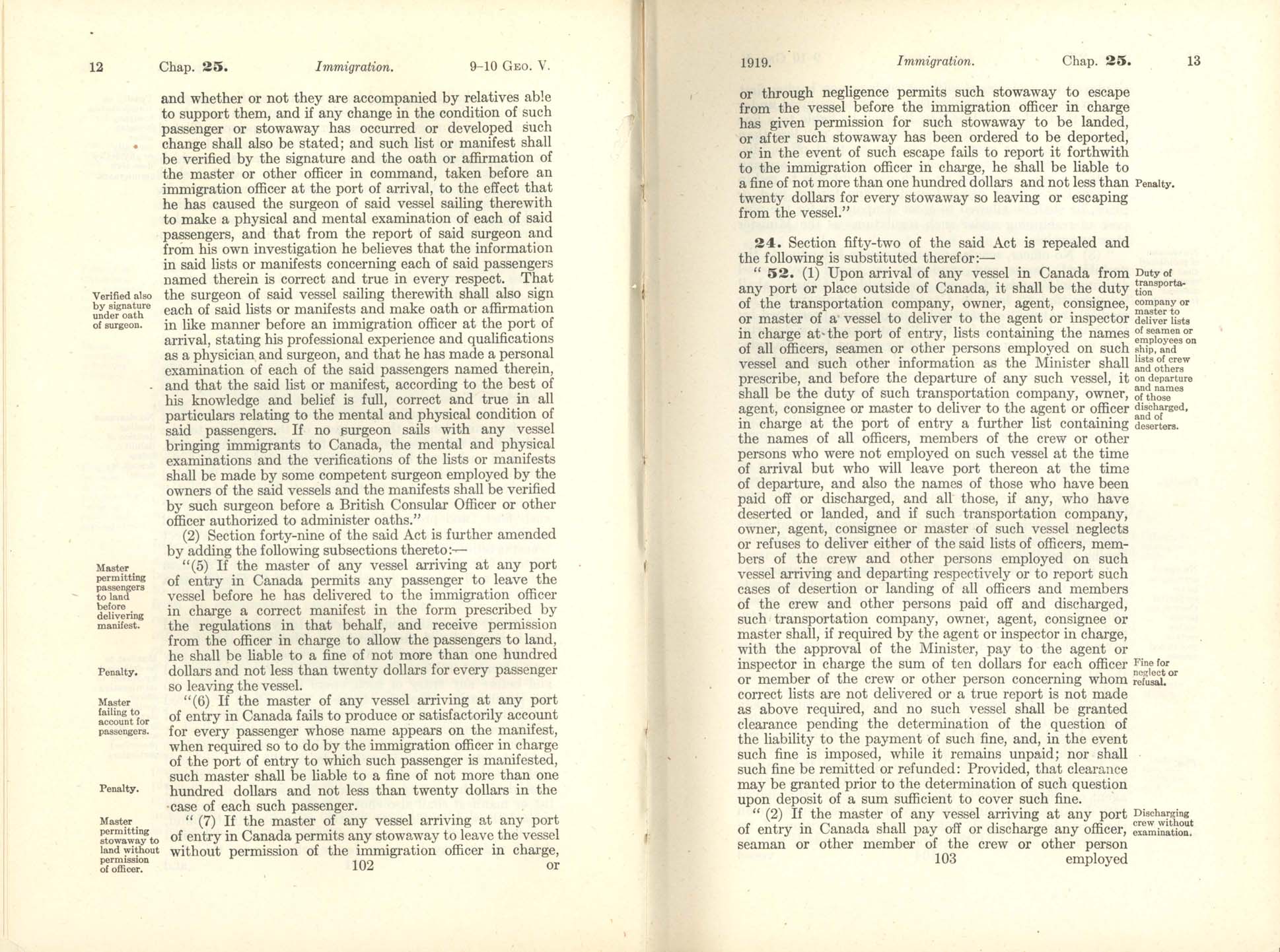 Page 102, 103 Immigration Act Amendment, 1919