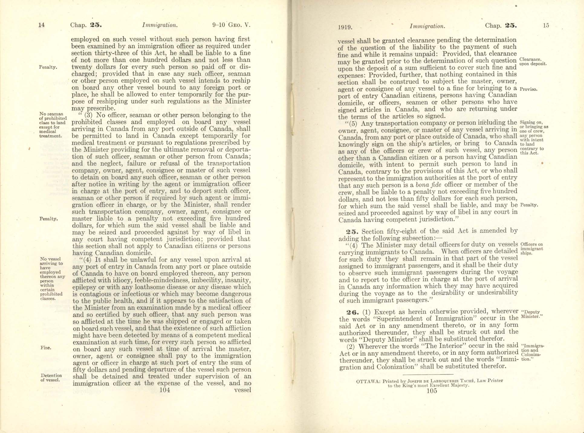 Page 104, 105 Immigration Act Amendment, 1919